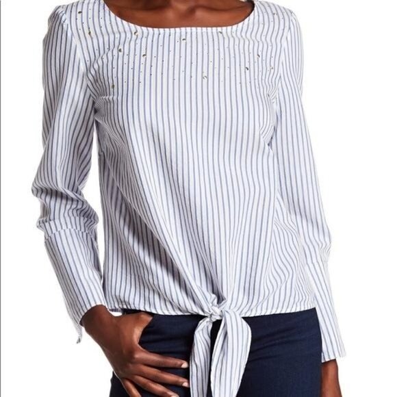 Nanette Lepore Front Tie Gold Embellished Blue White Stripe Blouse Size Large - Picture 1 of 10